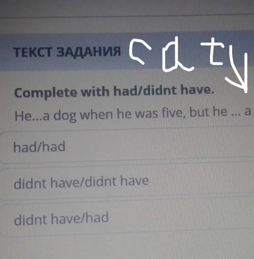 Complete with had/didnt have. He...a dog when he was five, but he ... a cat.had/haddidnt have/didnt