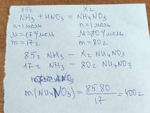 Определите массу нитрата аммония полученного при взаимодействии 8 5 г аммиака с азотной кислотой