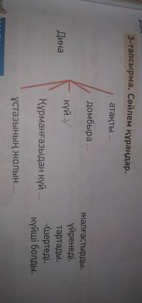 ЖАЗЫЛЫМ 3-тапсырма. Сөйлем құраңдар.атақты ...домбыра ...күй.Динажалғастырды.үйренеді.тартады.шертед