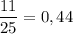 \dfrac{11}{25} =0,44