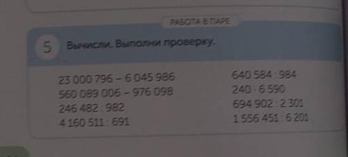 РАБОТА В ПАРЕ 5Вычисли. Выполни проверку.23 000 796 - 6 045 986560 089 006 - 976 098246 482 : 9824 1