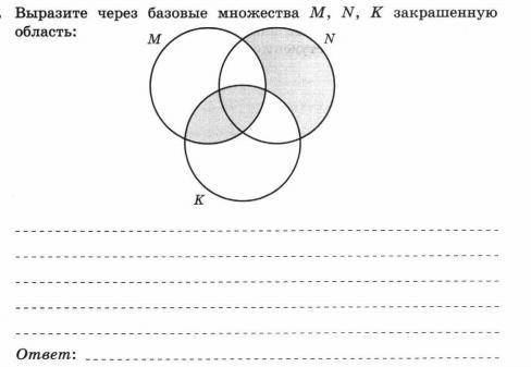 Выразите через базовые множества М, N, K закрашенную область ( рисунок в файле)