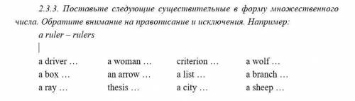 Поставьте следующие существительные в форму множественного числа. Обратите внимание на правописание