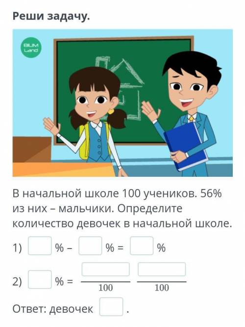 Реши задачу. В начальной школе 100 учеников. 56% из них – мальчики. Определите количество девочек в