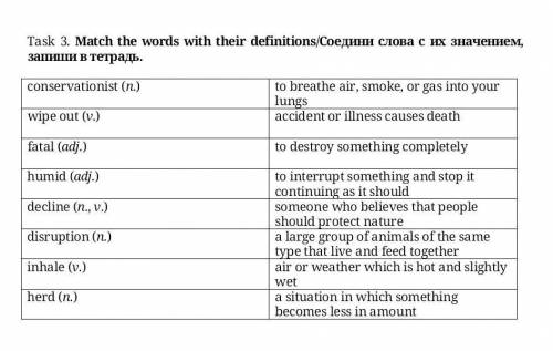 Atch the words with their definitions/Соедини слова с их значением, запиши в тетрадь. conservationis