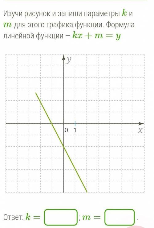 Изучи рисунок и запиши параметры k и m для этого графика функции. Формула линейной функции — kx+m=y.