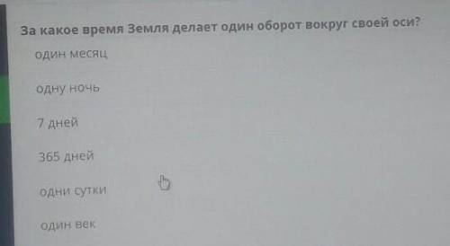 За какое время Земля делает один оборот вокруг своей оси? один месяцодну ночь7 дней365 днейодни сутк