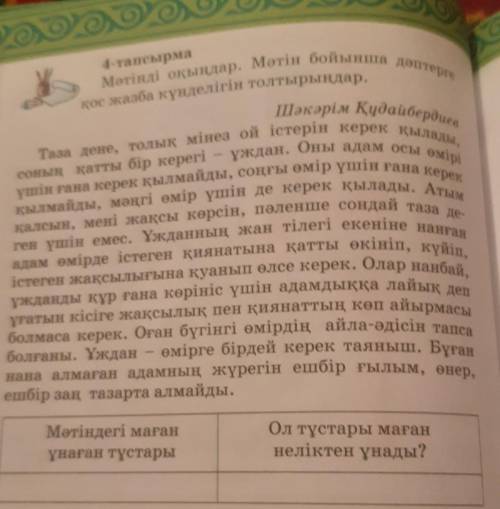 4-тапсырма Мәтінді оқыңдар. Мәтін бойынша дәптергеТаза дене, толық мінез ой істерін керек қылады,ұжд