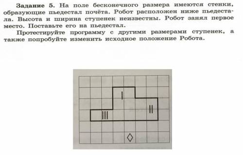 На поле бесконечного размера имеются стенки, образующие пьедестал почёта. Робот расположен ниже пьед