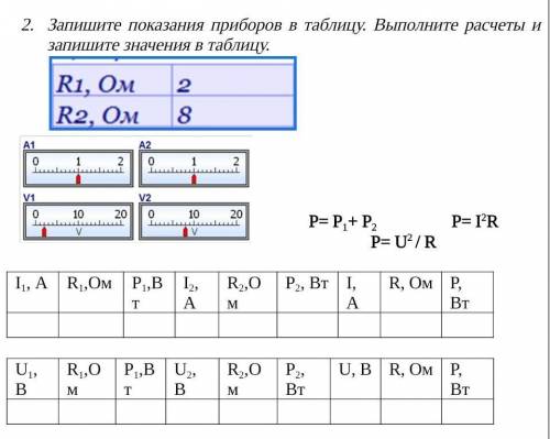 Запишите показания приборов в таблицу. Выполните расчеты и запишите значения в таблицу