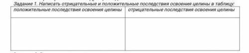 Задание 1. Написать отрицательные и положительные последствия освоения целины в таблицу. положительн