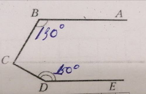 На рисунке AB параллельно DE, угол ABC= 130°,угол CDE = 150°. Найдите угол BCD.