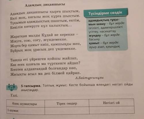 5 - тапсырма: Топтық жұмыс. Кесте бойынша өлеңдегі негізгі ойды аңықтандар. 4 - тапсырмадағы өлең бо