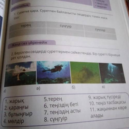 1. Суретке қара. Суретпен байланысты сөздердің тізімін жаса. кіта-теңіз түбмаржанОйланайықYA2%:терең