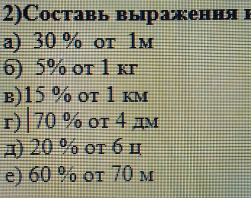 2)Составь выражения и вычисли: а) 30 % от 1мб) 5% от 1 кгв) 15 % от 1 кмг) 70 % от 4 дмд) 20 % от 6