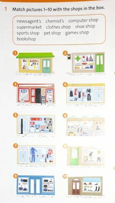 1 Match pictures 1-10 with the shops in the boxnewsagent's chemist's computer shopsupermarket clothe