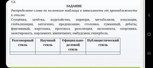 Определить стиль речи и соотнести слова по колонкам.