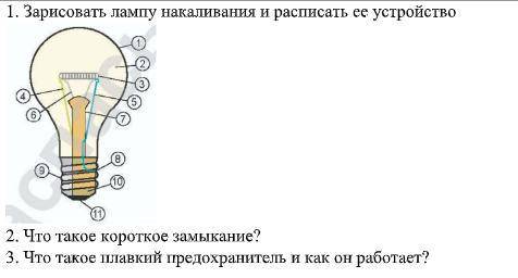 1. Зарисовать лампу накаливания и расписать ее устройство 2. Что такое короткое замыкание? 3. Что та