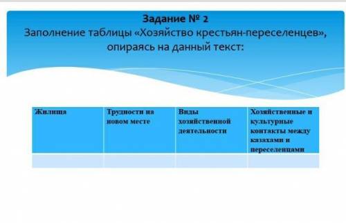 заполнение таблица хозяйство крестьян переселенцев опираясь на данный текст жилище