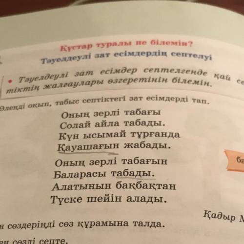 Септіктегі зат есімдерді Оның зерлі табағы Солай айла табады. Күн ысымай тұрғанда Қауашағын жабады.