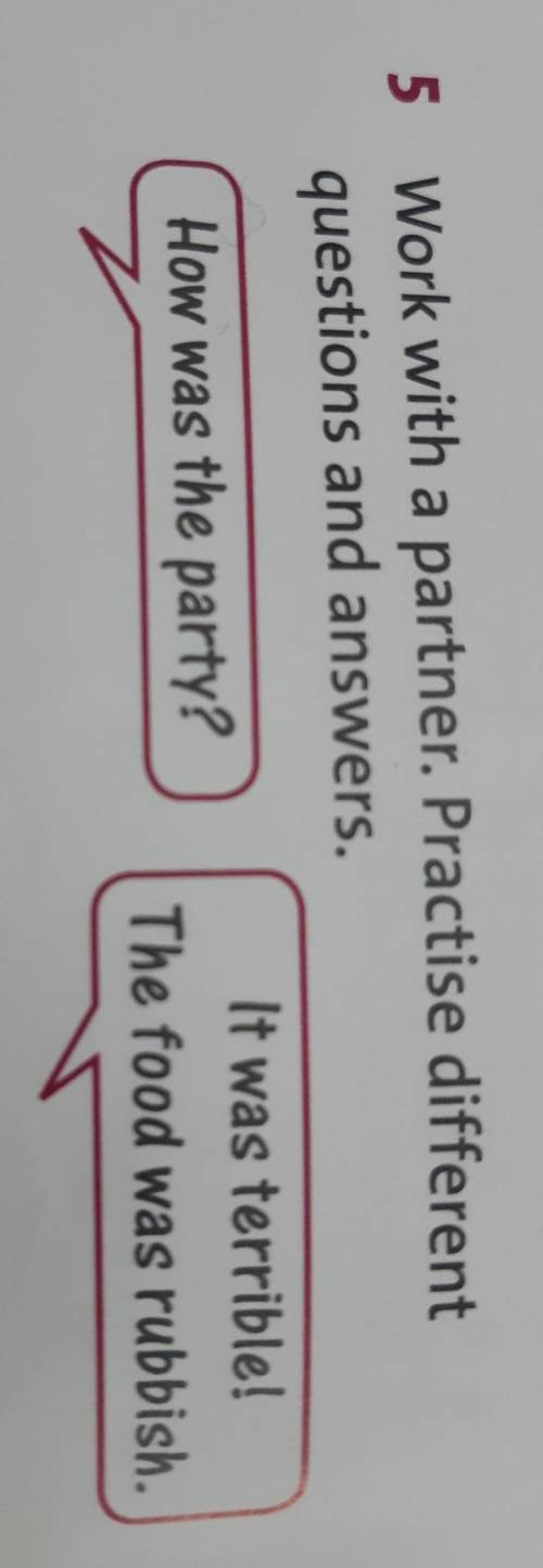 5 Work with a partner. Practise different questions and answers.How was the party?It was terrible!Th