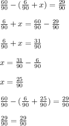 \frac{60}{90} -(\frac{6}{90}+x)=\frac{29}{90}\\\\\frac{6}{90}+x=\frac{60}{90} -\frac{29}{90}\\\\\frac{6}{90}+x=\frac{31}{90}\\\\x=\frac{31}{90}-\frac{6}{90}\\\\x=\frac{25}{90}\\\\\frac{60}{90} -(\frac{6}{90}+\frac{25}{90})=\frac{29}{90}\\\\ \frac{29}{90}=\frac{29}{90}