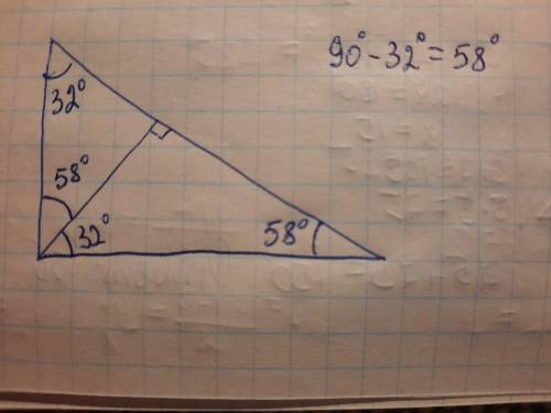 высота прямокутного трыкутныка опущена на гипотенузу утворюєт з одным из катетив Кут шо доривнюе 32