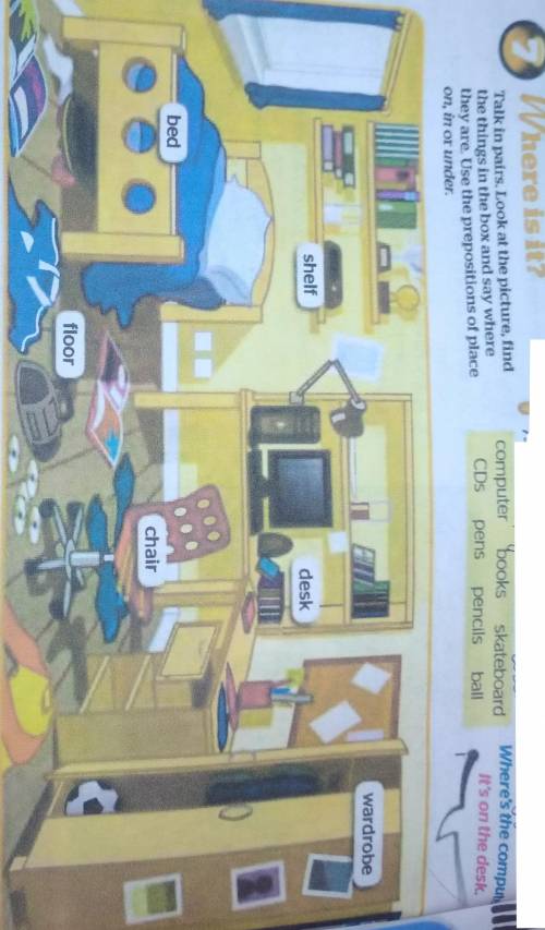 Talk in pairs. Look at the picture, find the things in the box and say where they are Use the prepos