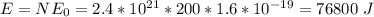 E = NE_0 = 2.4*10^{21} * 200 * 1.6*10^{-19} = 76800~J