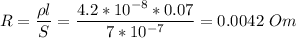 R = \dfrac{\rho l }{S} = \dfrac{4.2*10^{-8}*0.07}{7*10^{-7}} = 0.0042~Om