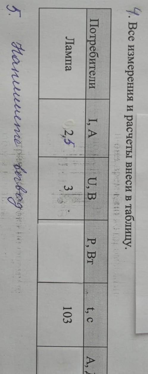 4. Все измерения и расчёты внеси в таблицу. ПотребителиЛампаI, A =2,5U, B=3P, Вт =? t, с= 103A, Дж =