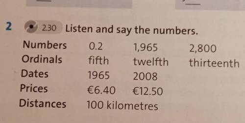 2 2.30 Listen and say the numbers.Numbers 0.2 1,965 2,800Ordinals fifth twelfth thirteenthDates1965