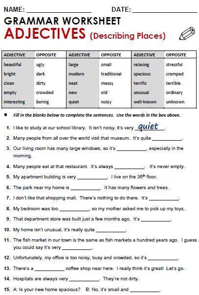 Заполни таблицу English Grammar Adjectives (describing places)