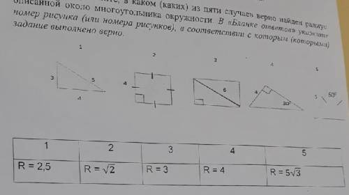 Определите в каком из пяти случаев верно найден радиус описанной около многоугольникв окружности​