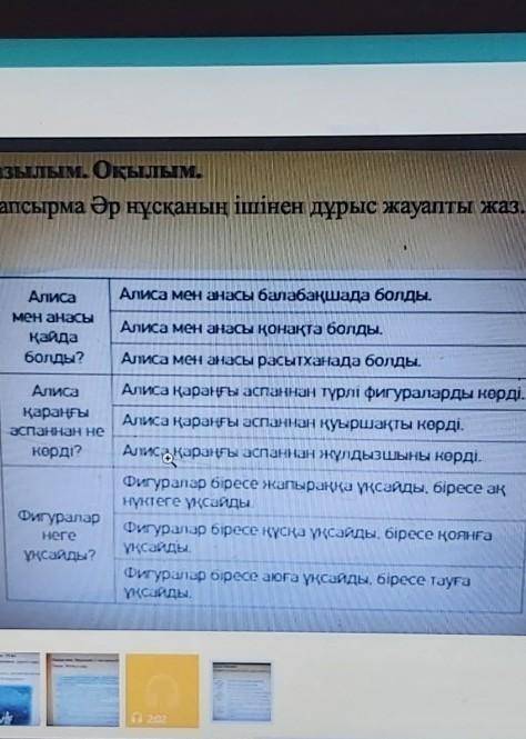 Алиса мен анасы балабақшада болды. АлисаМен анасықайдаболды?Алиса мен анасы қонақта болды.Алиса Фен