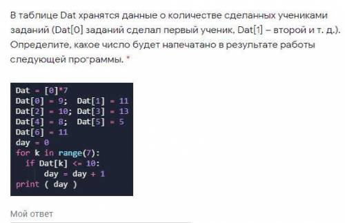 В таблице Dat хранятся данные о количестве сделанных учениками заданий (Dat[0] заданий сделал первый