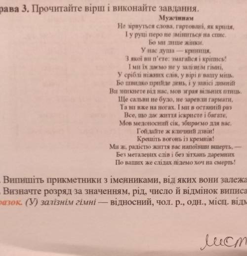 Вправа 3. Прочитайте вірш і виконайте завдання. МужчинамНе зірвуться слова, гартовані, як криця,І у