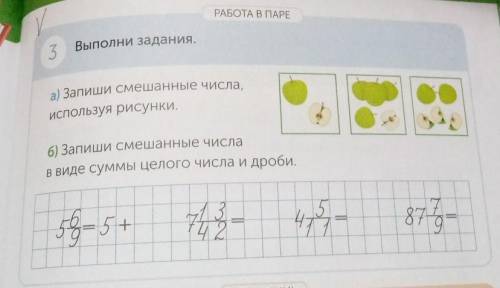 РАБОТА В ПАРЕ 3 Выполни задания.а) Запиши смешанные числа,используя рисунки.6) Запиши смешанные числ