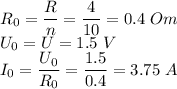 R_0 = \dfrac R n = \dfrac{4}{10} = 0.4~Om\\U_0 = U = 1.5~V\\ I_0 = \dfrac{U_0}{R_0} = \dfrac{1.5}{0.4} = 3.75~A