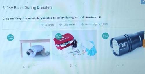 Drag and drop the vocabulary related to safety during natural disasters.​