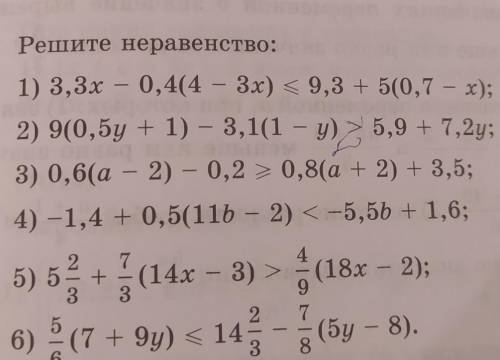 1001. Решите неравенство: 1) 3.3x - 0,4(4 - 3x) 9,3 + 5(0.7 - x):2) 9(0,5y + 1) - 3,1(1 - y) > 5,