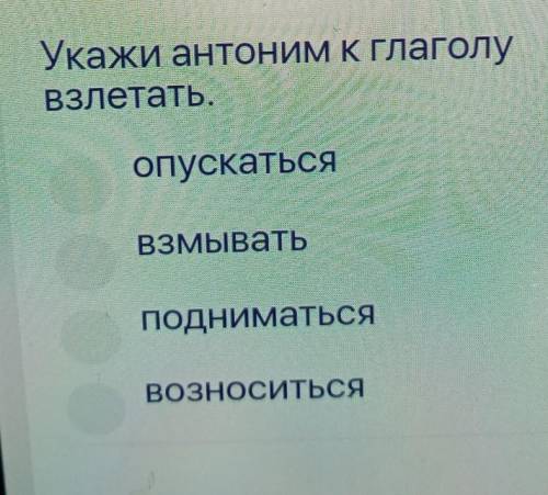 Укажи анТОНИМ К ГлаголуВзлетать.ОпускатьсяBЗМыватьПОДНИматьсяВОЗНОСИТЬСЯ​