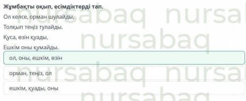 Құстар туралы не білемін? Есімдік Жұмбақты оқып, есімдіктерді тап.Ол келсе, орман шулайды,Толқып тең