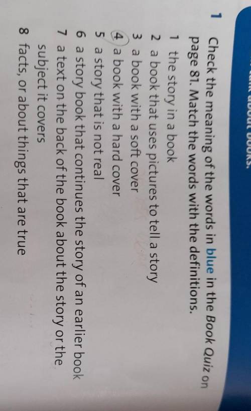 Check the meaning of the words in blue in the Book Quiz on page 81.Match the words the definitions​