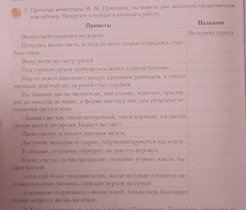 1. Прочитав миниатюры М. М. Пришвина, вы можете уже заполнить предложенную вам таблицу. Начертите в