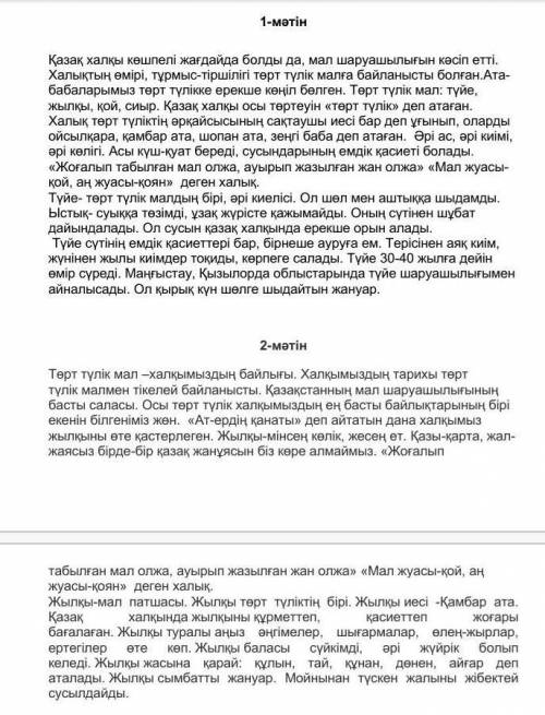 Мәтінді оқып, талдау жасаңдар.   1-мәтін 2-мәтін Мәтіннің тақырыбы  Мәтіннің идеясы  Мәтіннің негізг