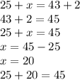 25 + x = 43 + 2 \\ 43 + 2 = 45 \\ 25 + x = 45 \\ x = 45 - 25 \\ x = 20 \\ 25 + 20 = 45