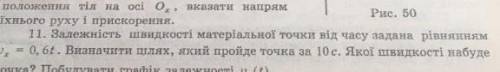 залежність швидкості матеріальної точки від часу задана рівнянням Vx=0,6t. Визначити шлях , який про