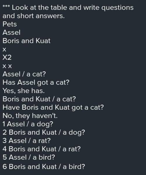 *** Look at the table and write questions and short answers.PetsAsselBoris and KuatхX2x хAssel / a c