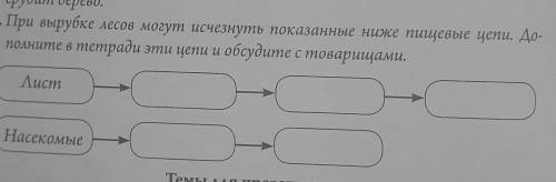 3. При вырубке лесов могут исчезнуть показанные ниже пищевые цепи. До- полните в тетради эти цепи и